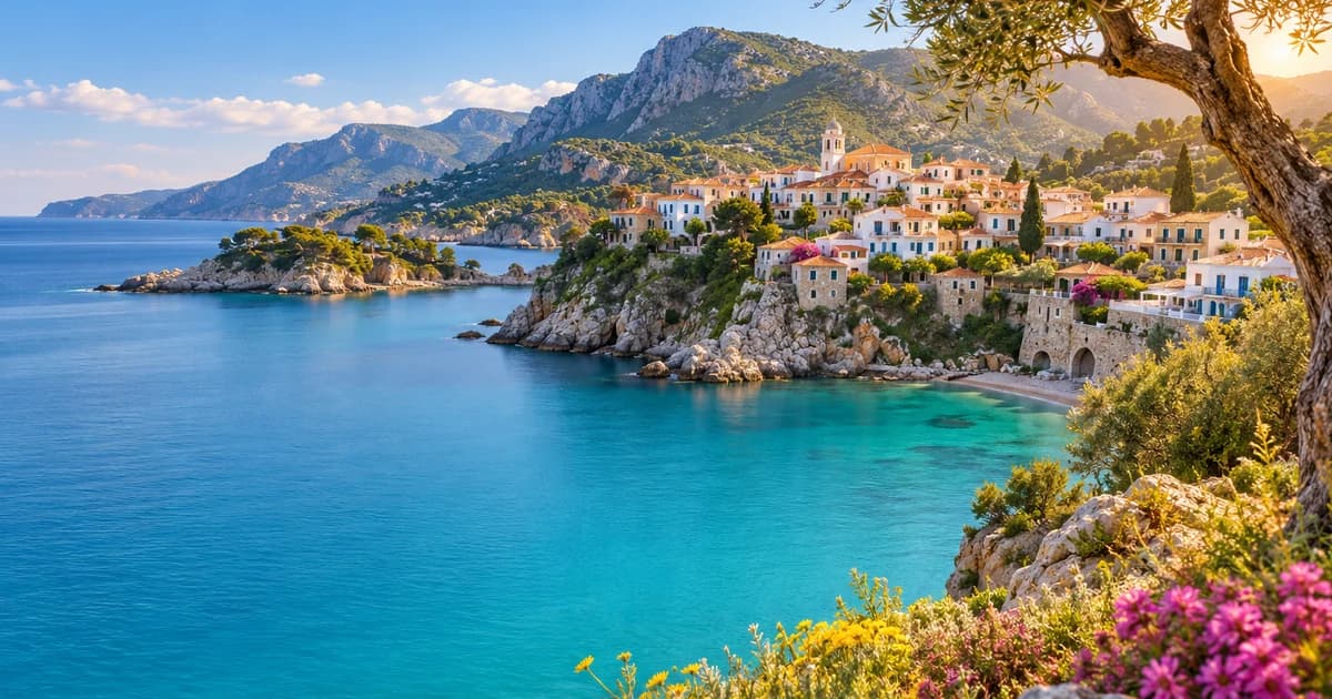 Illustration of a Mediterranean hillside village above a bay in spring