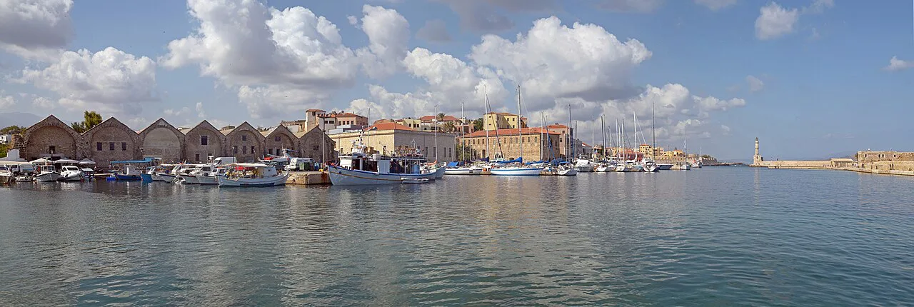 Harbor, Venetian shipyards and Lighthouse in Chania. Crete, Greece