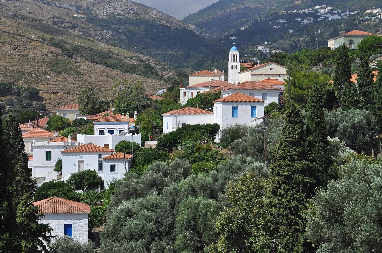 Andros island, Stenies village and Apoikia in the background, Greece